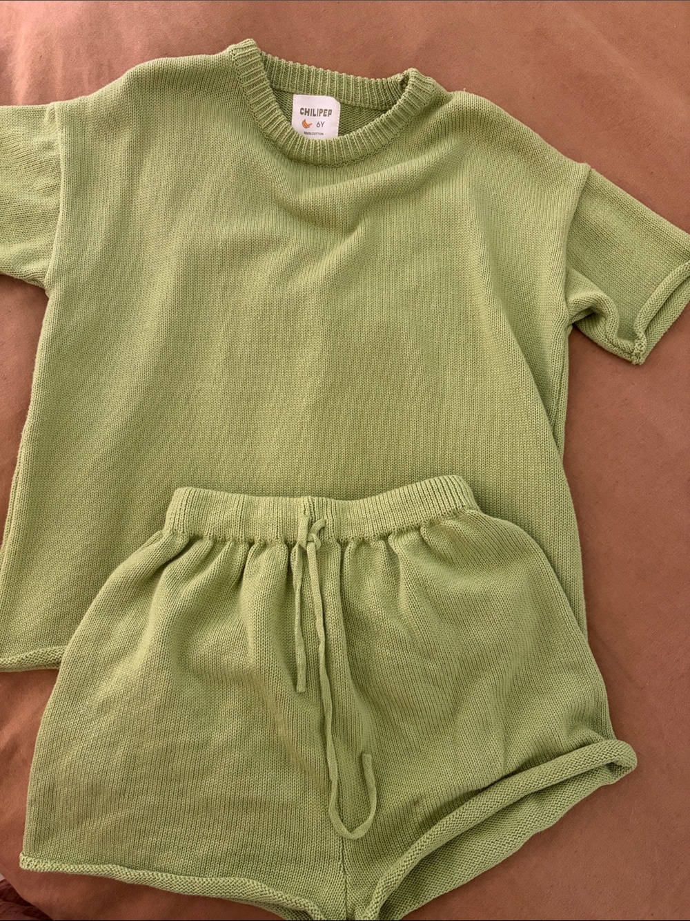 Kids Knit Short Sleeve Top & Shorts Set - Light Green